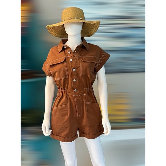 BAEVELY denim rusty brown romper size SMALL - Picture 3 of 6